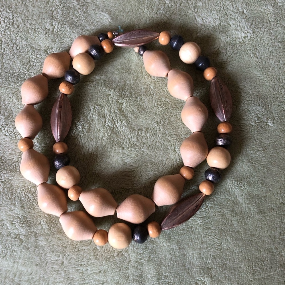 Wood necklace bracelet earrings 4 piece bundle natural cream tan Vintage silver - Picture 4 of 13